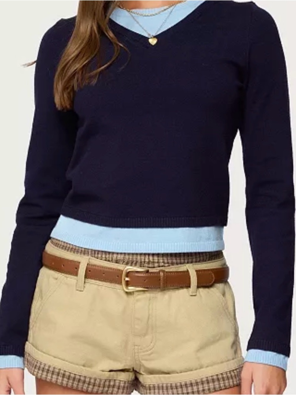 Edikted Navy V-Neck Sweater with Light Blue Trim
